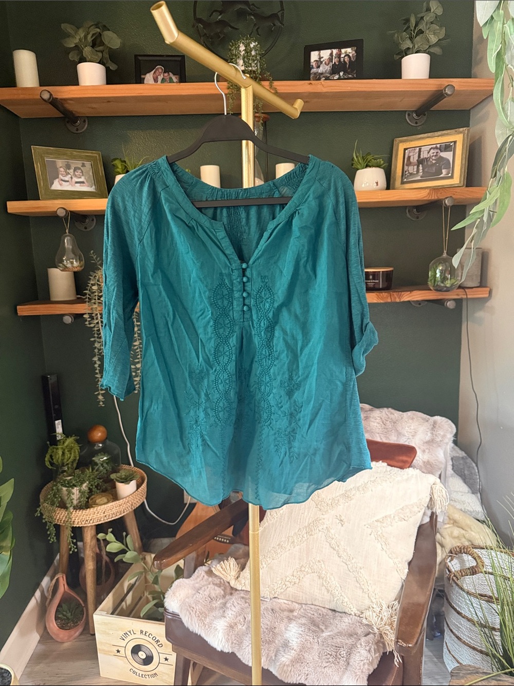 Relaxed Teal Embroidered V-Neck Tunic